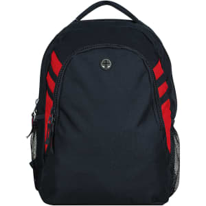 A black backpack with red accents and mesh side pockets, featuring a logo on the front.