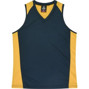 A green and yellow singlet with a V-neck design and contrasting panels. It features a logo on the neckline.