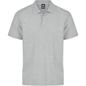 A light grey polo shirt featuring a collar and three buttons, with a logo on the label.