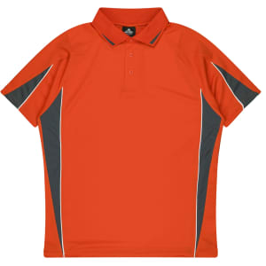 An orange polo shirt featuring grey panels and a branding logo. Ideal for casual wear or sports activities.