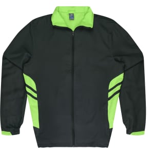 A dark green tracktop with bright lime green accents and a zippered front. Features side pockets and a collar.