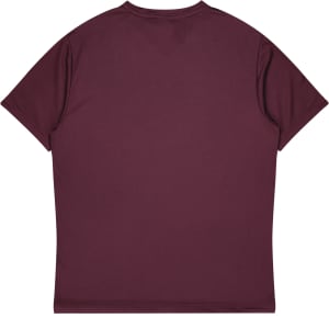 A maroon short-sleeve t-shirt featuring a plain back and a logo. Ideal for kids.