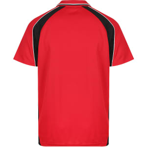 A red men's polo shirt featuring black accents and a logo on the back.