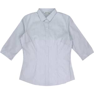 A button-up shirt with 3/4 sleeves, featuring a light blue and white striped pattern and a logo.