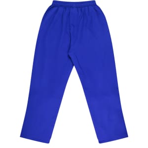 Bright blue track pants with an elastic waistband, featuring a simple design and a logo.