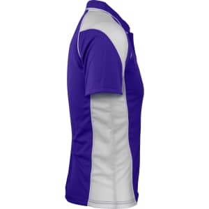 A purple and grey polo shirt with a branded logo, displayed from the side.