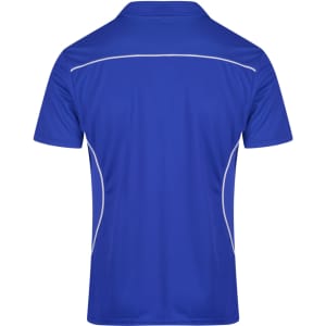 A blue men's polo shirt featuring contrasting white piping and a brand logo on the back.