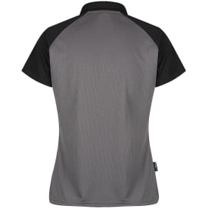 A grey and black polo shirt with a textured fabric and a collar, featuring a logo on the side.