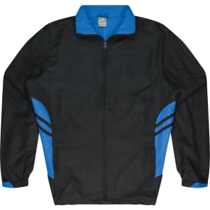 A black and blue tracktop featuring a zip front and a logo. Suitable for kids.