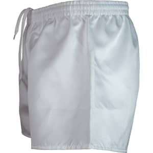 Men's rugby shorts in light grey with a drawstring waist and smooth fabric. Features a logo on the side.