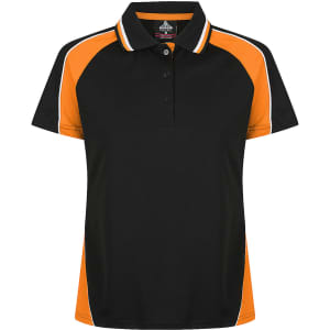 A black polo shirt with orange and white accents, featuring a collar and buttons, and a logo on the chest.