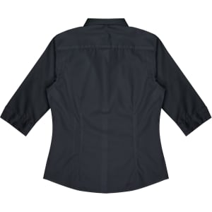 A dark shirt with 3/4 sleeves and a fitted design, featuring a back yoke and a logo.
