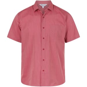 A short sleeve button-up shirt in a red and white striped pattern, featuring a single chest pocket and a logo.