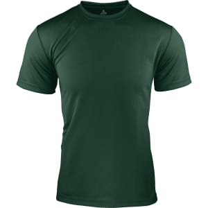 A dark green men's t-shirt made from a lightweight, breathable fabric, featuring a branded logo.