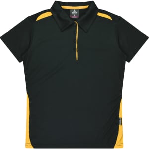 A dark green polo shirt with yellow accents, featuring a collar and buttons, and includes a branding logo.