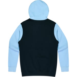 A hoodie featuring a black body and light blue sleeves, with a hood and a branding logo on the back.