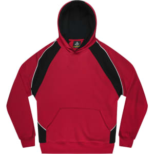 A red and black hoodie featuring a kangaroo pocket and a hood, with contrasting panels and a branding logo.