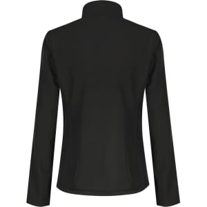 A black soft shell jacket with a collar and long sleeves, featuring a logo on the back.