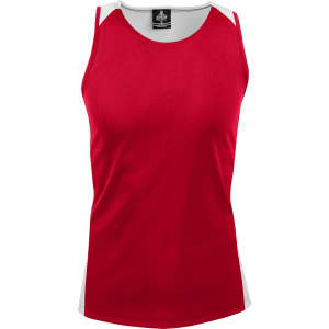 A red singlet featuring grey shoulder accents and a logo on the front.