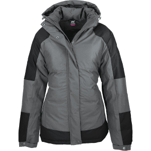 A women's jacket in grey with black accents, featuring a hood and zippered front, with branding.