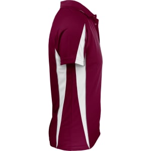A maroon polo shirt featuring white side panels and a collar, with a logo on the front.