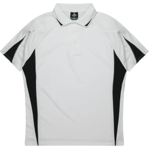 A white polo shirt with black side panels and a collar, featuring a logo on the neck.