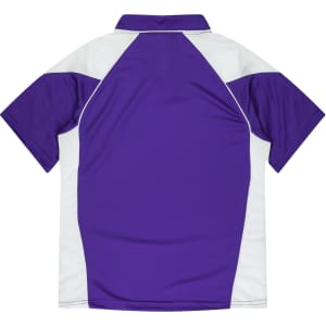 A purple and white polo shirt with short sleeves and a collar. Features a logo on the design.