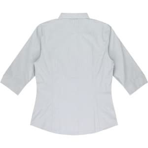 A light grey button-up shirt with 3/4 sleeves, featuring a tailored fit and a back view. It has a logo.