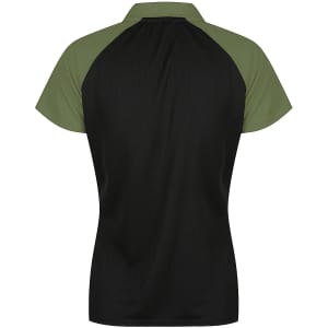 A black and green polo shirt with a short collar and raglan sleeves. It features a logo on the front.