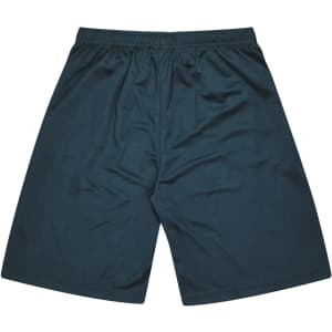 A pair of dark green men's sports shorts featuring an elastic waistband and a simple design.