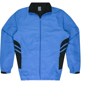 A blue tracktop jacket featuring black side panels and a zip-up front, with a collar and elastic cuffs.