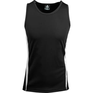 A black singlet with white side panels, featuring a logo on the neckline. Ideal as part of a casual or active wardrobe.