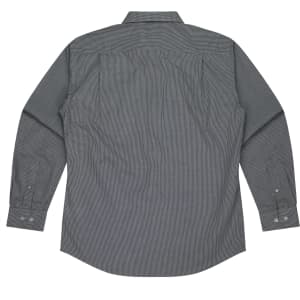 A long sleeve button-up shirt in dark green and grey with a checked pattern and a back view design.