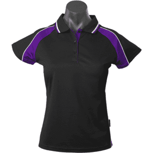 A black polo shirt with purple and white accents, featuring a branded logo on the front.