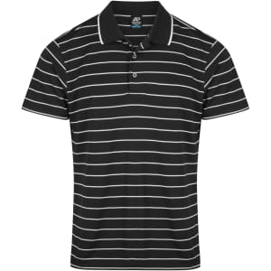 A black and white striped polo shirt with a collar, featuring a logo on the chest.