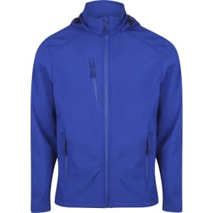 A blue jacket with a zippered front and hood, featuring side pockets and a sleek design. It has a logo on it.