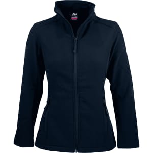 A navy soft shell jacket with a zip front and two side pockets. Features a collar and has a logo.