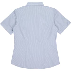 A short sleeve women's shirt in light blue with vertical stripes, featuring a collar and a logo.