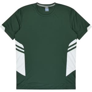 A green t-shirt with white side accents and a logo on the chest. Ideal for kids.
