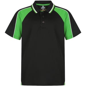A black polo shirt featuring green accents and a logo. Suitable for children, with a sporty design.