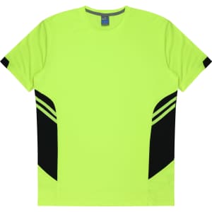 A bright neon yellow t-shirt featuring black accent stripes on the sides and a logo on the neckline.