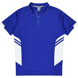 A blue polo shirt featuring white accents and a logo, designed for kids.