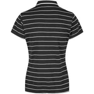 A black and white striped polo shirt with a collar and short sleeves, featuring a branding logo.