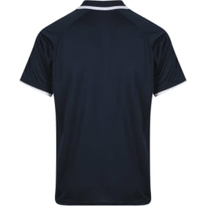A navy polo shirt featuring a contrasting white trim and a logo on the back.