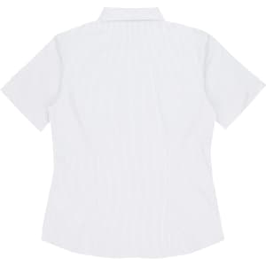 A short-sleeve women's shirt with a striped pattern, featuring a collar and a fitted design. It has a logo on the back.