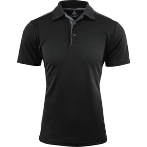 A black polo shirt featuring a classic collar and three-button placket, with a branding logo on the design.