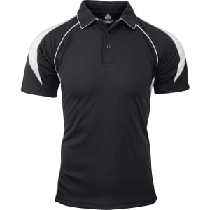 A black polo shirt with white accents and a logo on the chest, featuring a classic collar and short sleeves.