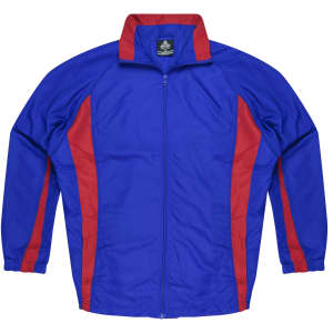A blue and red tracktop featuring a zip front and a high collar, with long sleeves and a logo.