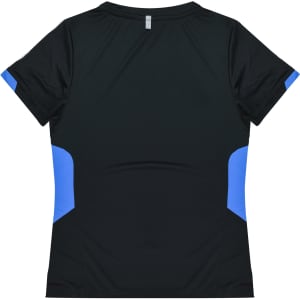 A black t-shirt with blue side panels and a logo on the back. Short-sleeved design suitable for active wear.