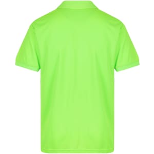 A bright green polo shirt with a collar and short sleeves. It features a logo on the back.